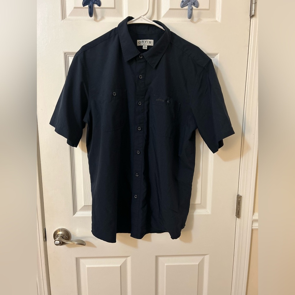 ORVIS Tech Work Shirt Men's Medium Polyester Navy Button Up Short Sleeve LARGE